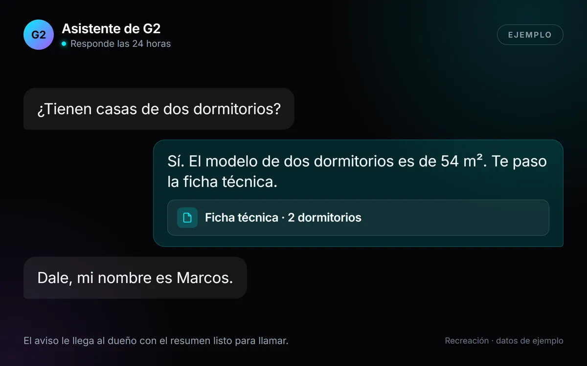 Recreación de una conversación con el asistente de G2 Casas y Módulos, con datos de ejemplo